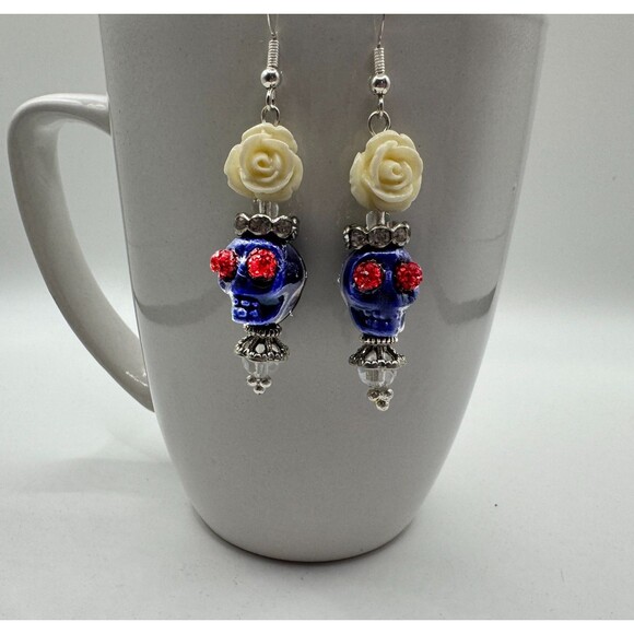 Navy Skull Day of the Dead/Dia de Muertos Dangle Earrings Halloween Jewelry - Picture 4 of 6